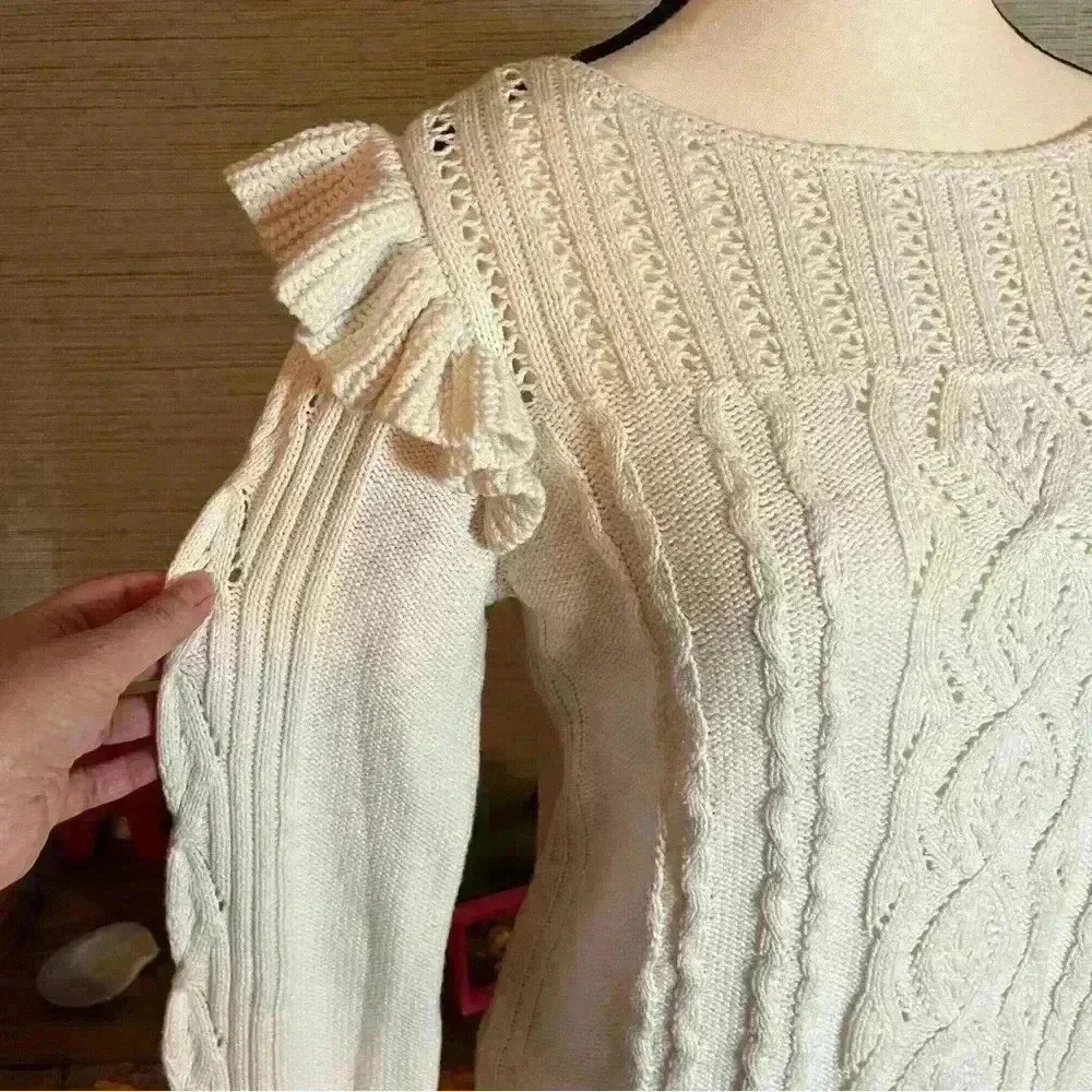 Ann Taylor Loft White Knit Sweater Ruffle Sleeve Cable Knit Women’s Size Medium - Picture 5 of 12